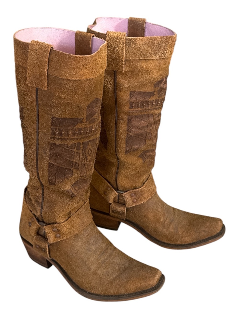 Suede Western Knee-High Boots - Brown